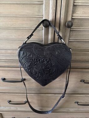 Black Heart-Shaped Tooled Leather Crossbody Bag